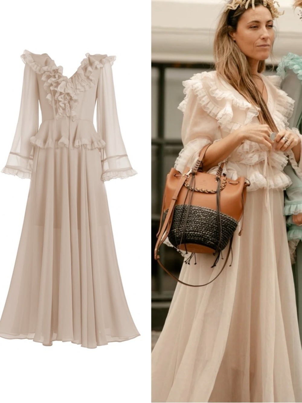 Free People CeliaB Bliss Dress Beige Ruffle Maxi Boho Long Sleeve Size S